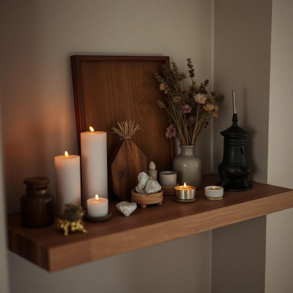 A small altar with candles, crystals and dried flowers