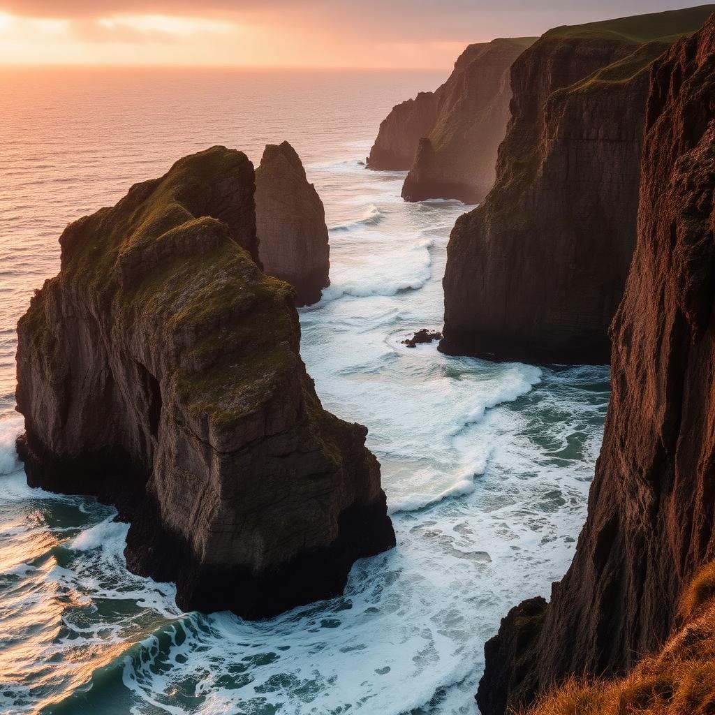 Rugged Irish sea cliffs and breaking waves at golden hour