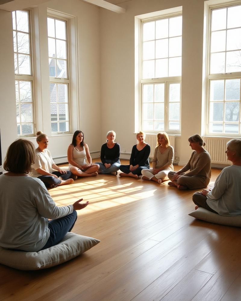 A breathwork circle seated on the floor of a bright studio