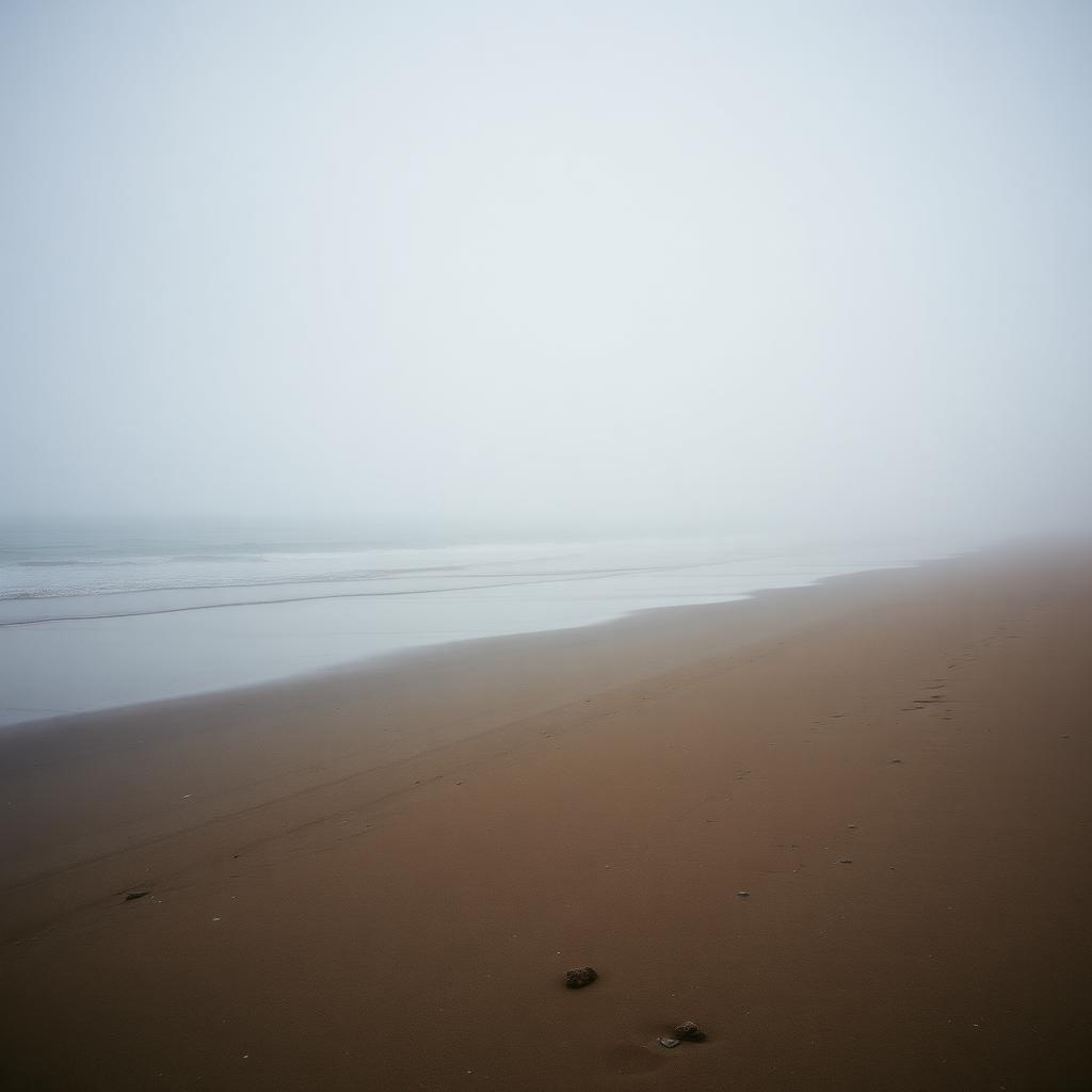 An empty sandy beach in soft morning mist