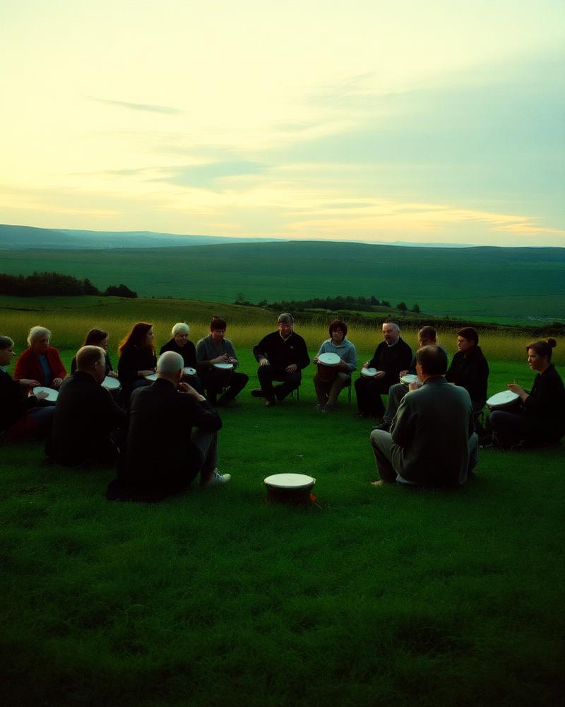 A drumming circle seated outdoors on Irish grassland