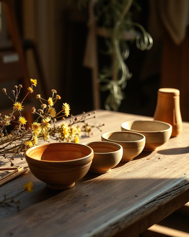 Ceramic cups and dried herbs on a wooden table