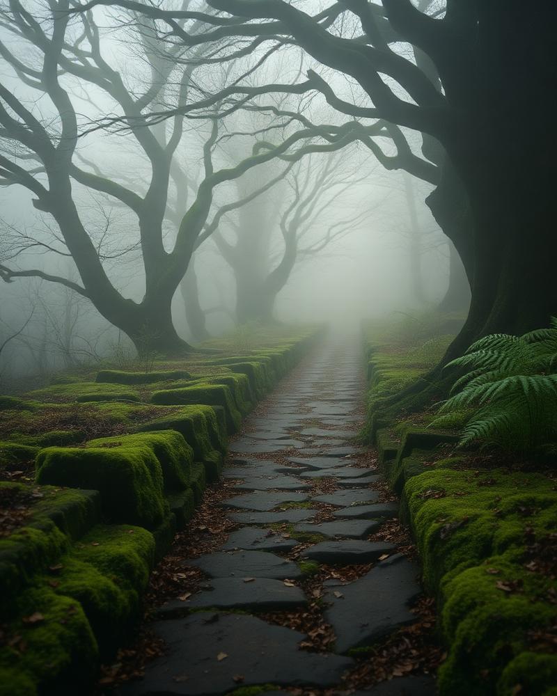 A mossy path through misty Irish oak woodland at dawn