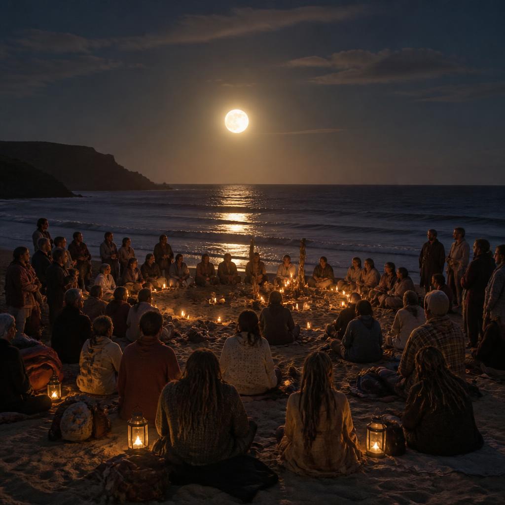 A large circle of people gathered on an Irish beach at night for a full moon ceremony, candlelight and moonlight on the sea