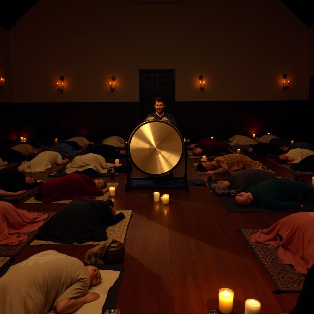 People resting under blankets during a candlelit gong bath