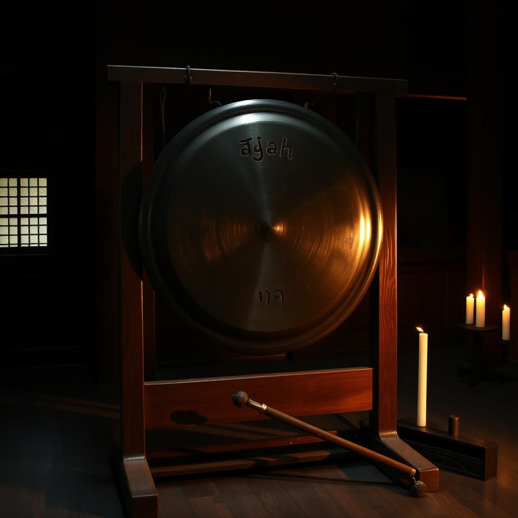 A large bronze gong on a wooden stand in a candlelit hall