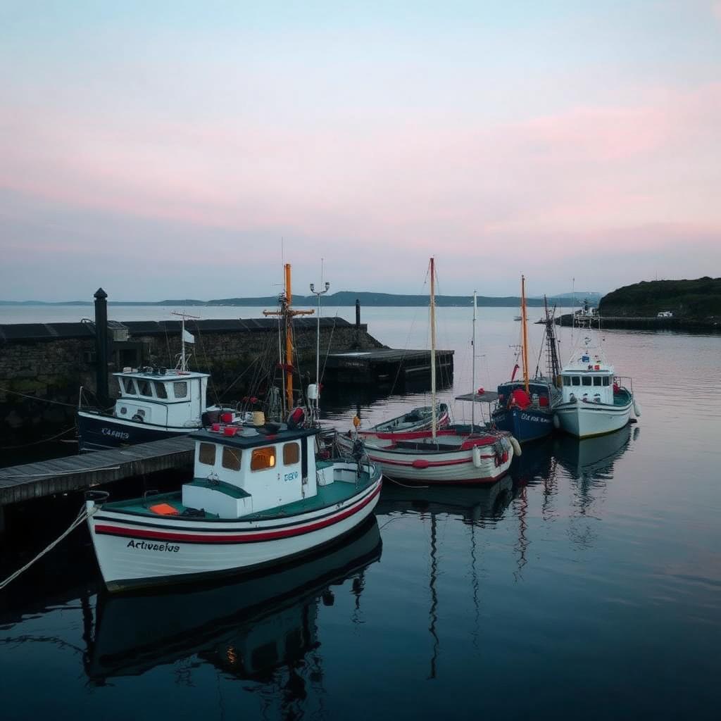 Fishing boats moored in a still Irish harbour at dusk