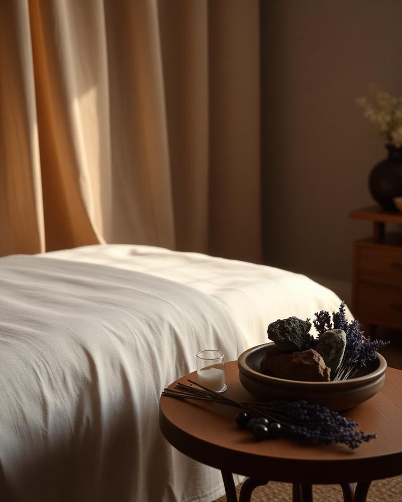 A calm treatment room with linen, crystals and lavender
