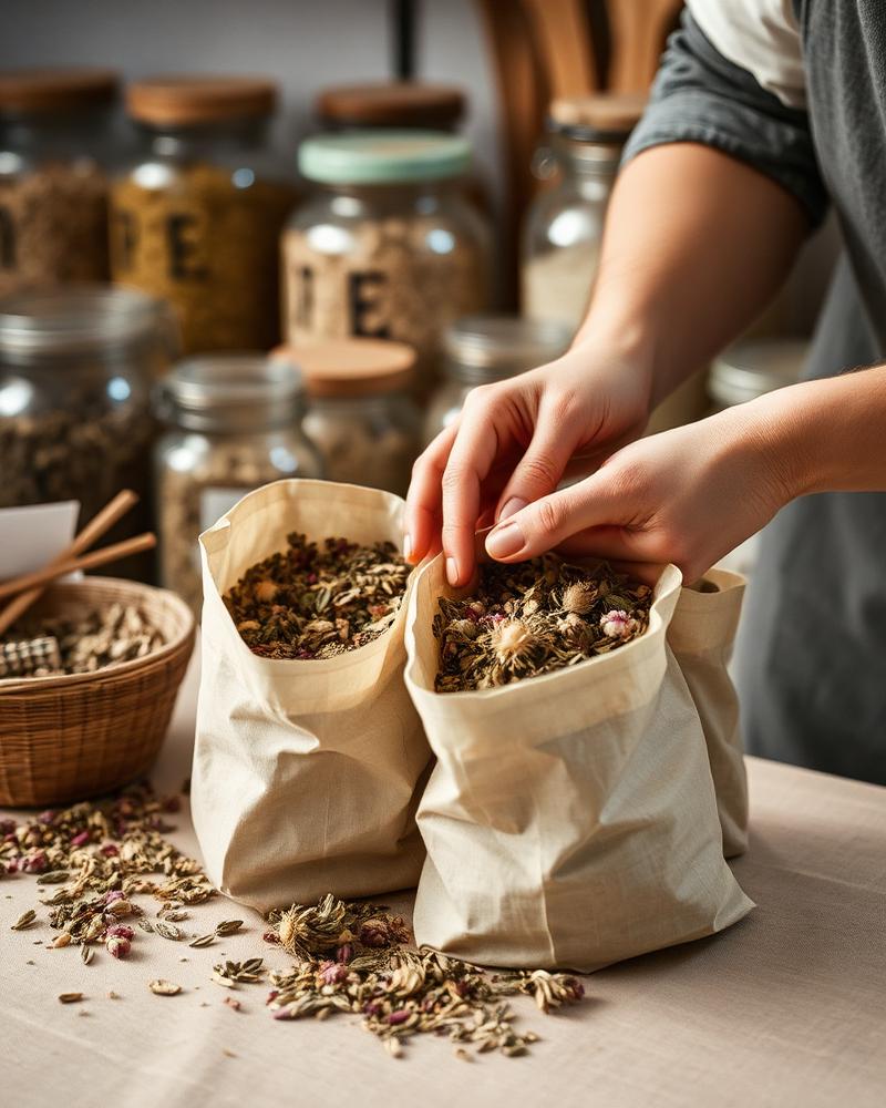 Hands sorting dried herbs into paper bags at a workshop