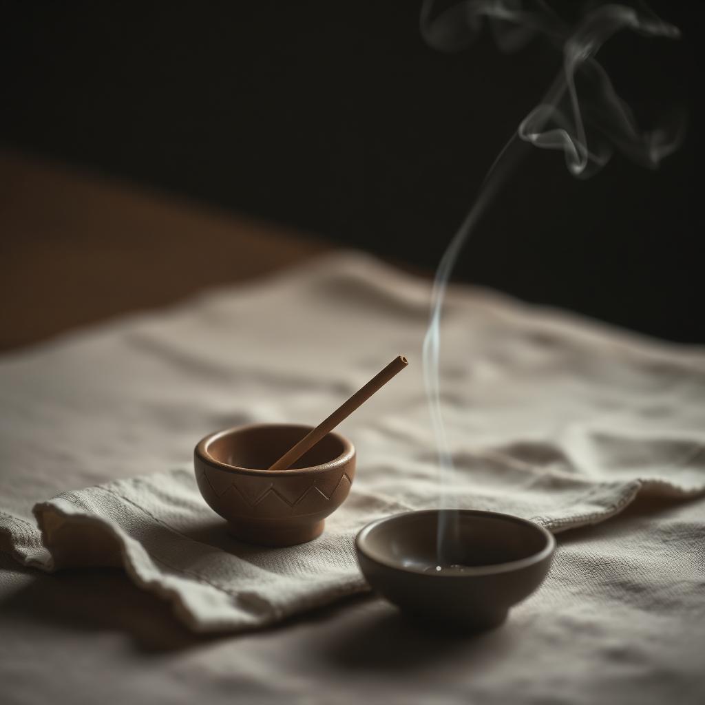 An incense stick curling smoke beside ceramic bowls on linen