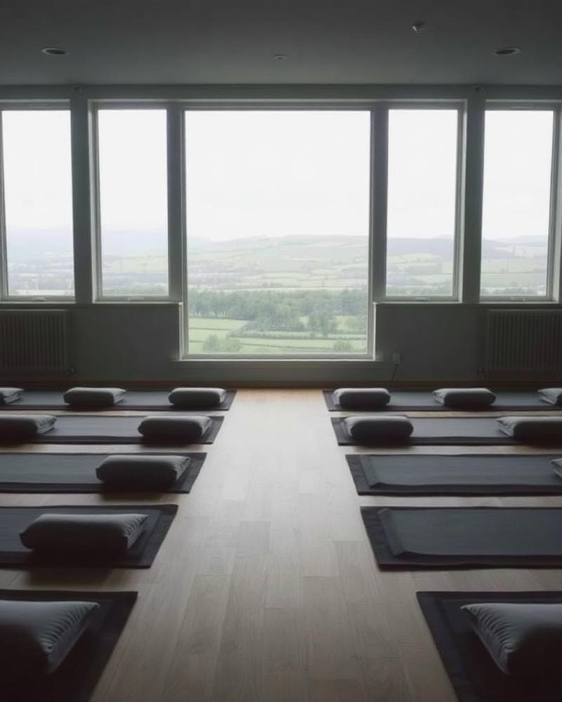 Meditation cushions facing a window over the countryside