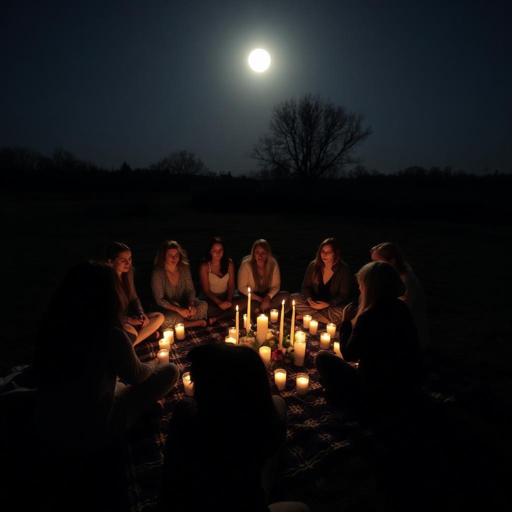 A candlelit circle gathered outdoors under a full moon