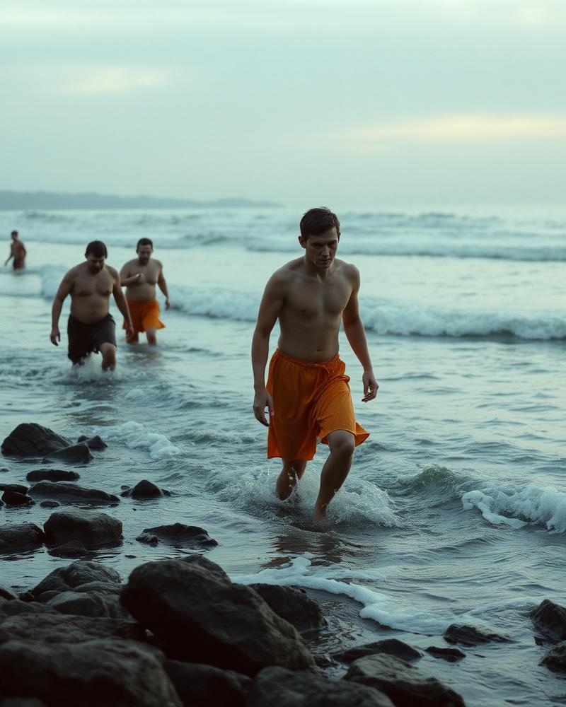 Cold water swimmers wading into the Atlantic at sunrise