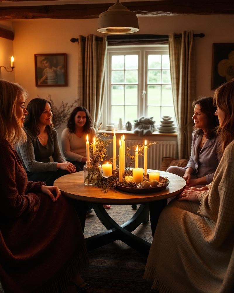 A sharing circle around a candlelit table in a cottage