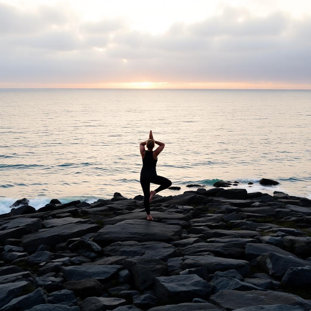 A person practising yoga on rocks beside the sea at sunrise