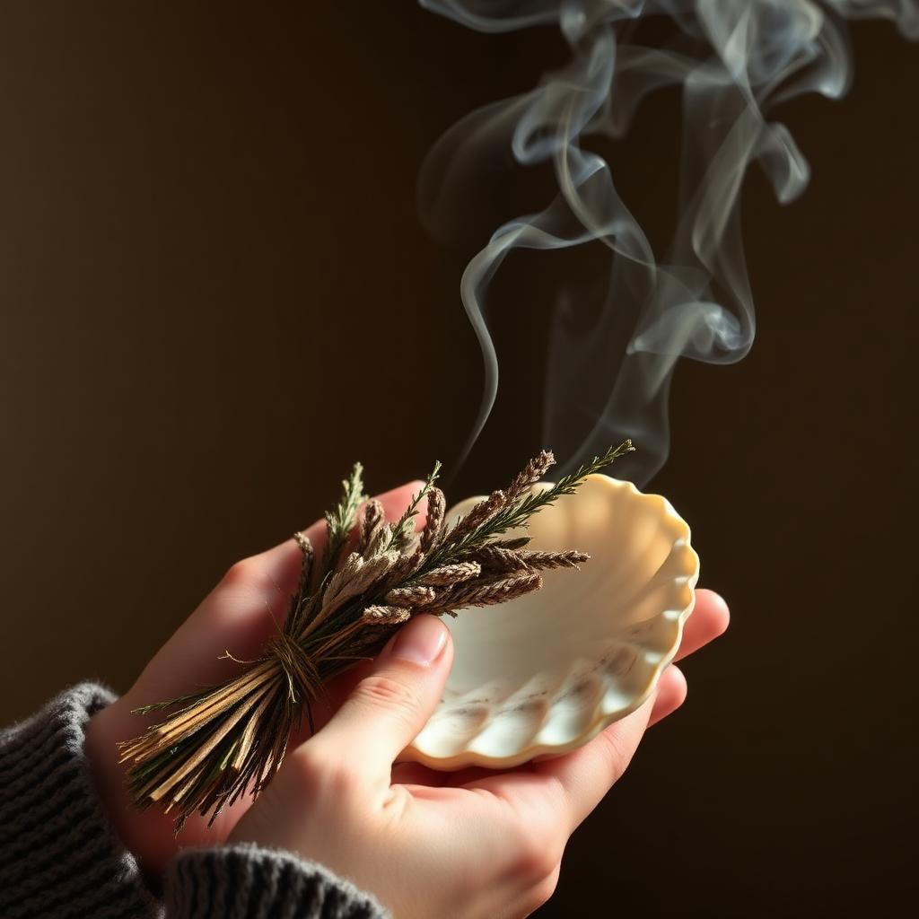 Hands holding a smouldering bundle of dried herbs over a shell