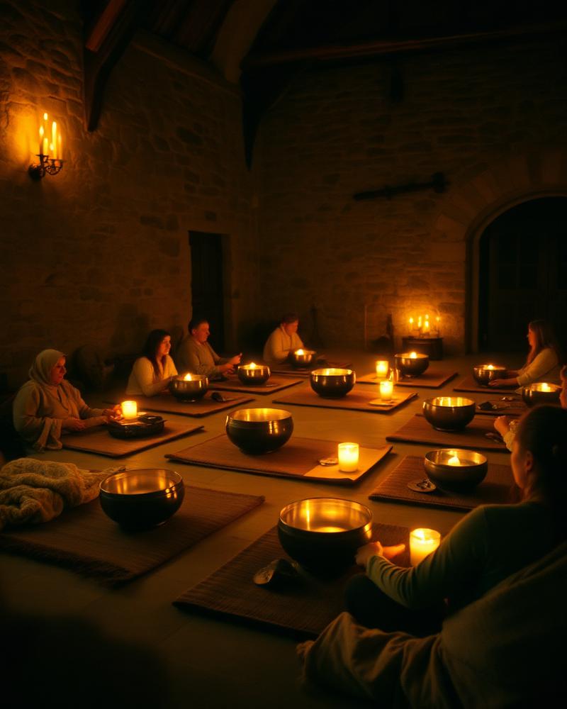 Candlelit sound bath with singing bowls in an old stone hall