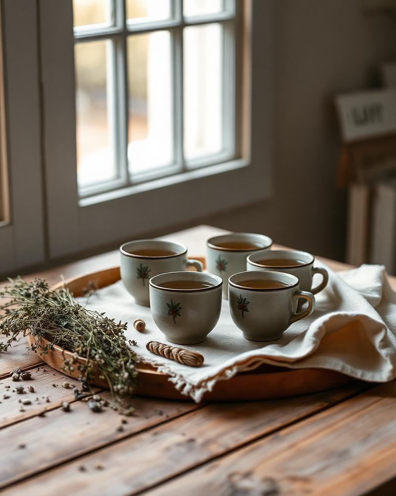 A herbal tea ceremony set out on a linen cloth